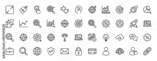 Marketing and business line icon set. Vector pictograms of research, analytics, performance, and strategy, thin outline illustration.