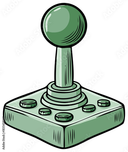 Retro video game joystick controller with buttons and ball top.