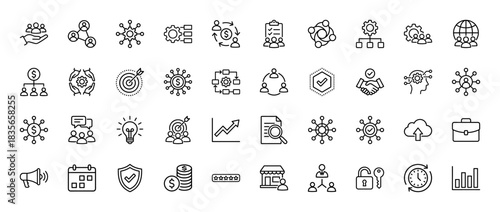 Business and management line icon set. Vector pictograms of teamwork, finance, organization, strategy, and time, thin outline illustration.