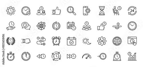 Time management line icon set. Vector pictograms of clock, calendar, stopwatch, hourglass, and 24-hour cycle, thin outline illustration.