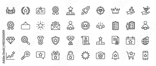 Business and achievement line icon set. Vector pictograms of reward, star, certificate, medal, and trophy, thin outline illustration.