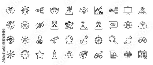 Business vision and strategy line icon set. Vector pictograms of target, diamond, binoculars, telescope, and compass, thin outline illustration.