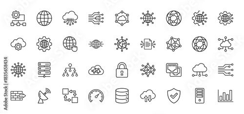 Technology and data processing line icon set. Vector pictograms of networking, cloud computing, cybersecurity, and hardware infrastructure, thin outline illustration.