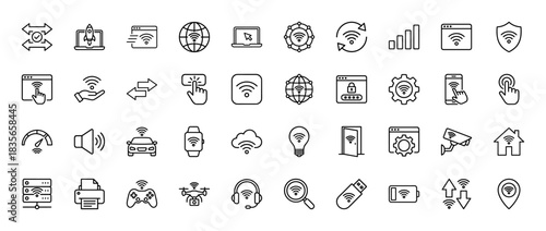 Technology and connectivity line icon set. Vector pictograms of server, wifi signal, device security, cloud, and laptop, thin outline illustration.