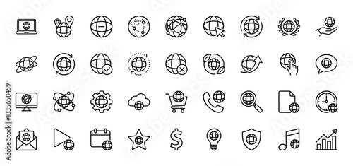 Global network and technology line icon set. Vector pictograms of connection, communication, security, shopping, and data storage, thin outline illustration.