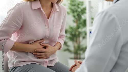 Woman holding stomach in discomfort, consulting doctor about abdominal pain