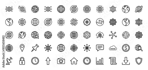 Internet and global communication line icon set. Vector pictograms of networking, earth globe, satellite, and data transfer, thin outline illustration.