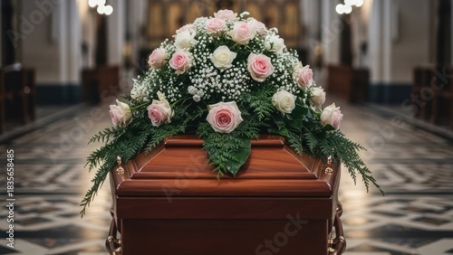 Wooden coffin with pink and white roses and greenery, inside a solemn church setting