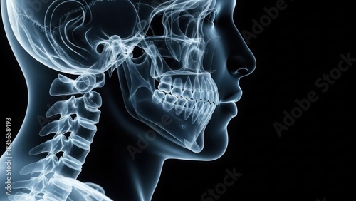 X-ray profile of human head showing skull, jaw, and neck vertebrae on black