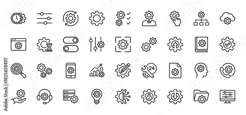 Settings and management line icon set. Vector pictograms of gear, control, service, and automation elements, thin outline illustration.