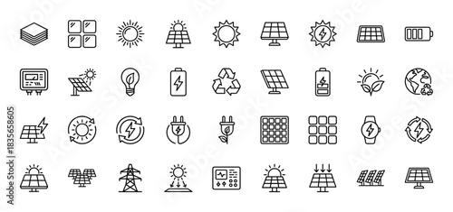 Renewable energy and solar power line icon set. Vector pictograms of solar panels, battery, lightbulb, and recycling symbols, thin outline illustration.