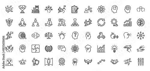 Business skills and development line icon set. Vector pictograms of intelligence, growth, meditation, and teamwork, thin outline illustration.