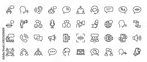 Communication line icon set. Vector pictograms of speaking, listening, translation, microphone, and chat bubbles, thin outline illustration.