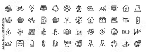 Energy line icon set. Vector pictograms of solar panels, wind turbine, electric car, battery, and power plant, thin outline illustration.