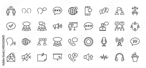 Communication and speaking line icon set. Vector pictograms of microphone, phone, speech bubbles, and presentation, thin outline illustration.