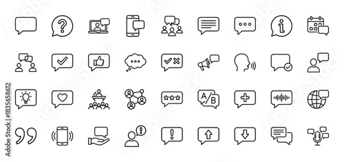Communication and social media line icon set. Vector pictograms of chat, question, speech bubble, like, and review, thin outline illustration.