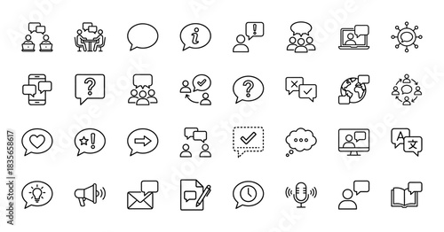 Communication icon set. vector pictograms of chat bubbles, information, question, discussion, and translation, thin outline illustration.