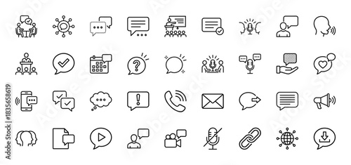 Communication line icon set. Vector pictograms of chat, speaking, presentation, message, and call, thin outline illustration.