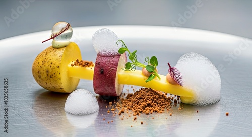 Fototapeta Naklejka Na Ścianę i Meble -  Molecular Gastronomy Kumpir With Foams and Spheres Laboratory Setting Futuristic Culinary Science