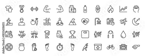 Fitness and healthy lifestyle line icon set. Vector pictograms of dumbbell, heart rate, swimming, yoga, and sleep, thin outline illustration.