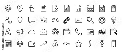 Business and office line icon set. Vector pictograms of handshake, documents, calendar, mail, and calculator, thin outline illustration.