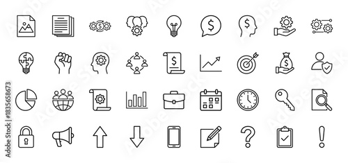 Business and strategy line icon set. Vector pictograms of team, idea, money, chart, and gears, thin outline illustration.
