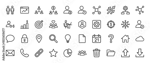 Business and management line icon set. Vector pictograms of teamwork, finance, organization, analytics, and strategy, thin outline illustration.