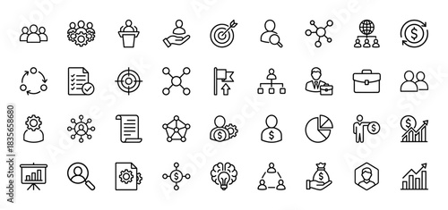 Business and finance line icon set. Vector pictograms of teamwork, management, target, money, and data analysis, thin outline illustration.