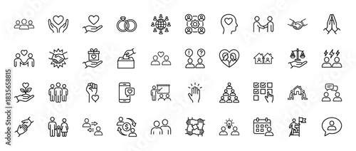 Community and relationship line icon set. Vector pictograms of handshake, ring, heart, donation, and teamwork, thin outline illustration.