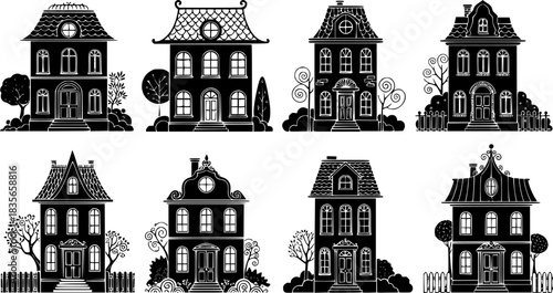 A collection of six stylized black and white house illustrations with decorative elements.
