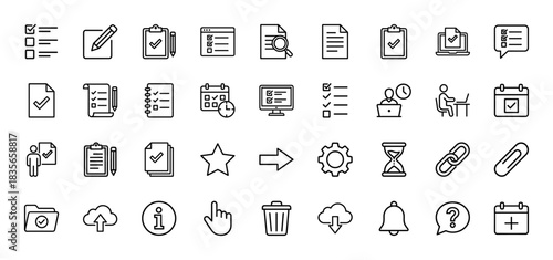 Business and productivity line icon set. Vector pictograms of document, calendar, checklist, and task management, thin outline illustration.