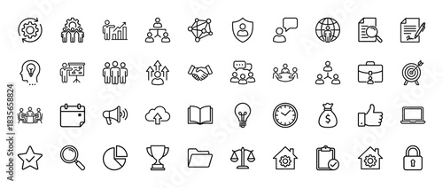 Business and management line icon set. Vector pictograms of teamwork, strategy, finance, and settings, thin outline illustration.