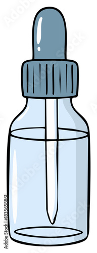 Cartoon style illustration of a clear dropper bottle with light blue liquid for medical or cosmetic use