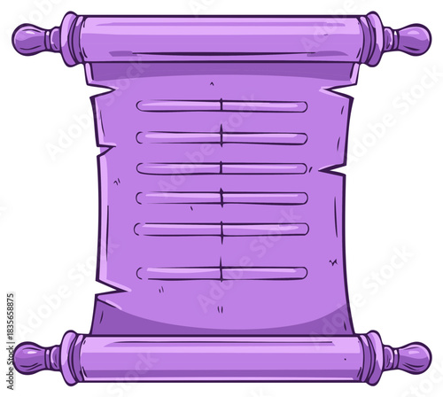 Ancient purple parchment scroll with lines for text, cartoon fantasy manuscript illustration