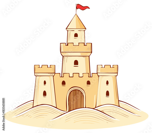 Cartoon illustration of elaborate sandcastle with towers and a red flag on top, sitting on sand dunes.