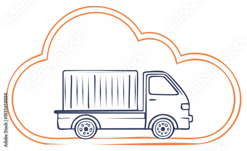 Delivery Truck Shipping Box in Cloud Outline Icon for Digital Storage or Internet Service