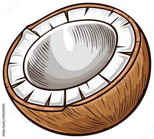 Vibrant hand-drawn illustration of a halved coconut showcasing its white flesh and fibrous brown shell in an appealing and tropical design.