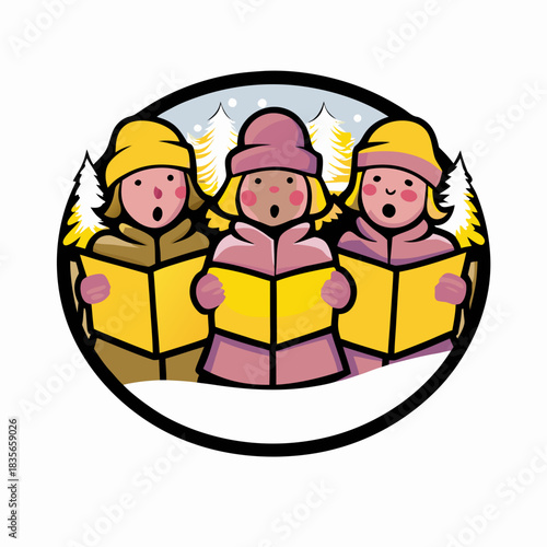 Children singing carols outdoors surrounded by snowy trees, isolated vector image on a transparent background in comic book, pop art style
  