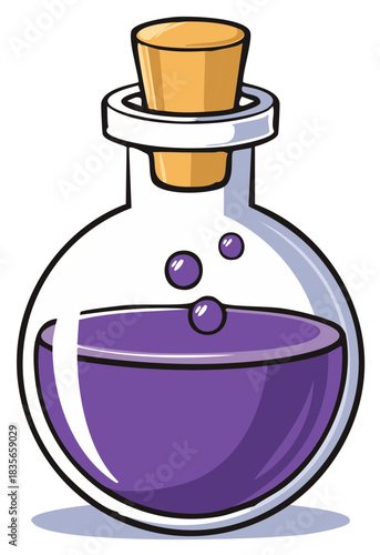 Round glass bottle with cork filled with purple potion and bubbles