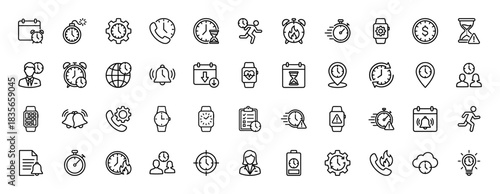 Time management and scheduling line icon set. Vector pictograms of clock, alarm, calendar, stopwatch, and smart watch, thin outline illustration.