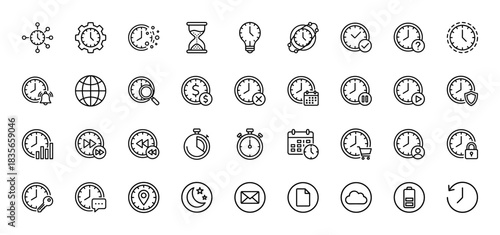 Time and scheduling line icon set. Vector pictograms of clock, calendar, stopwatch, global time, and delivery, thin outline illustration.