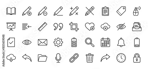 Universal line icon set. Vector pictograms of book, pencil, clock, calendar, and battery, thin outline illustration.