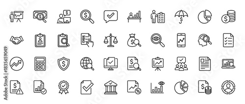 Finance and business line icon set. Vector pictograms of charts, money, contract, magnifier, checklist, and data analysis, thin outline illustration.