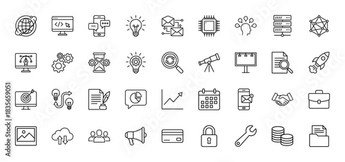 Business and technology line icon set. Vector pictograms of networking, development, strategy, and data analysis, thin outline illustration.