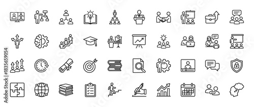 Education and business line icon set. Vector pictograms of teamwork, training, diploma, target, and presentation, thin outline illustration.