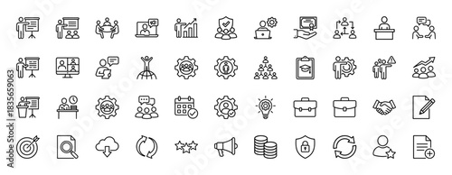 Business line icon set. Vector pictograms of presentation, teamwork, settings, security, and growth, thin outline illustration.