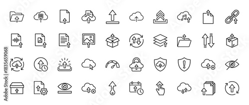 Cloud computing and data synchronization line icon set. Vector pictograms of upload, download, file transfer, and data security, thin outline illustration.