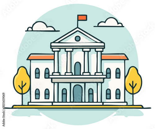 Classical government building with columns and flag vector illustration