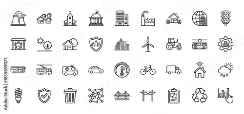 Smart city and infrastructure line icon set. Vector pictograms of buildings, transportation, energy, and defense, thin outline illustration.