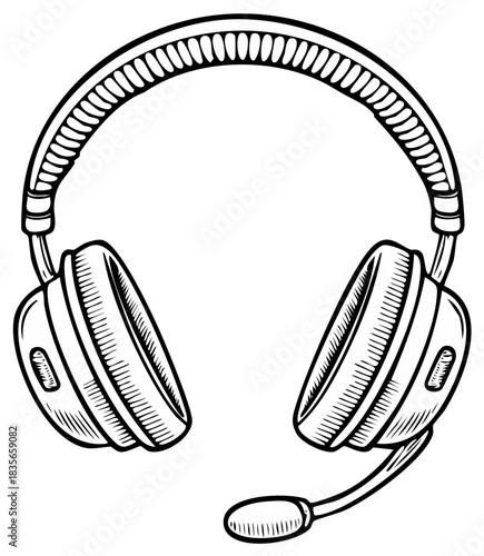 Black and white line art drawing of an over-ear headset with a boom microphone for gaming or communication.